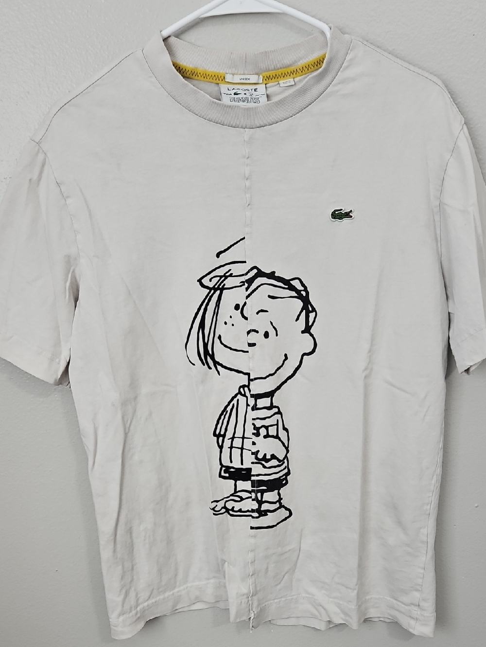Vintage Lacoste X Peanuts White Mens Short Sleeve Tee with Black Peanuts Graphic